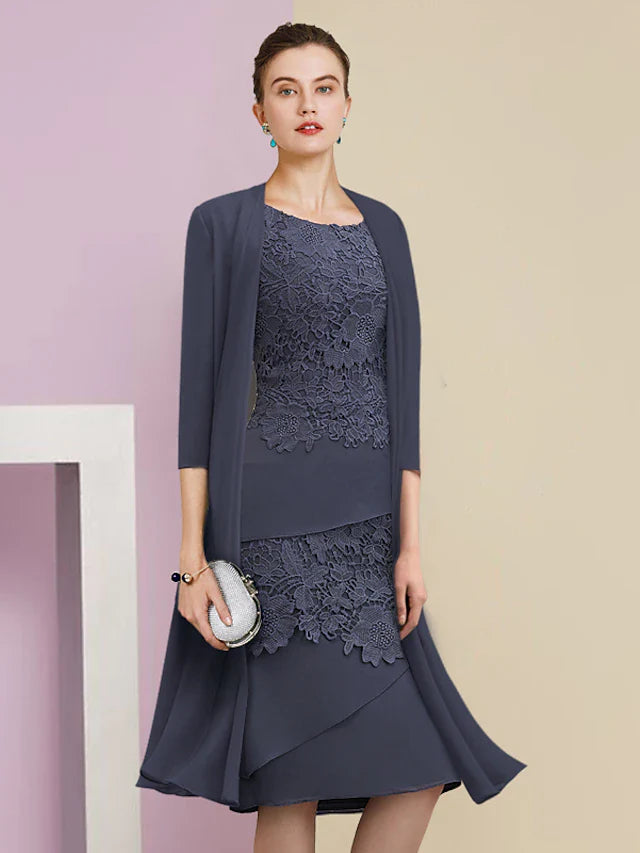 Wholesale Two Piece Sheath / Column Mother of the Bride Dress Formal Wedding Guest Vintage Elegant Scoop Neck Jewel Neck Knee Length Chiffon Lace Short Sleeve Jacket Dresses with Tier Appliques